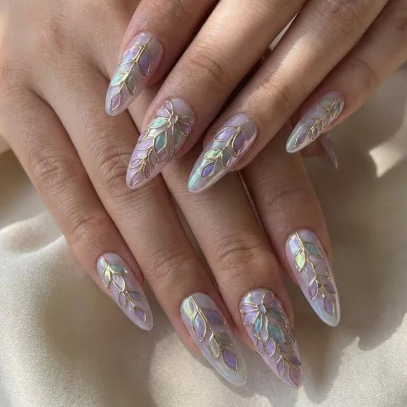 lavender iridescent, wisteria themed nails, press on nails, custom press on nails, fake nails, Nails Art, stained glass nails, gold press on nails, 3d press on nails, luxury press on nails, handmade press on nails