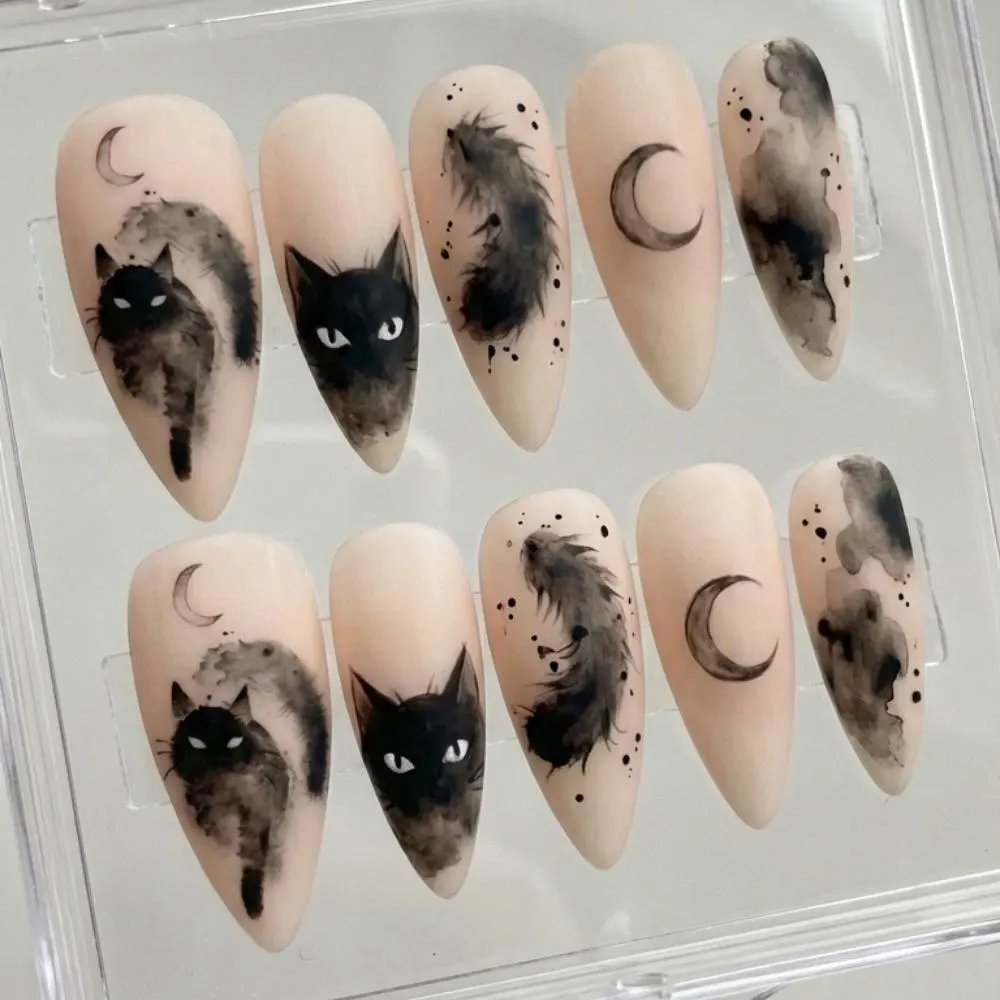 witchy black cat, press on nails, custom press on nails, fake nails, Nails Art, stained glass nails, gold press on nails, 3d press on nails, luxury press on nails, handmade press on nails