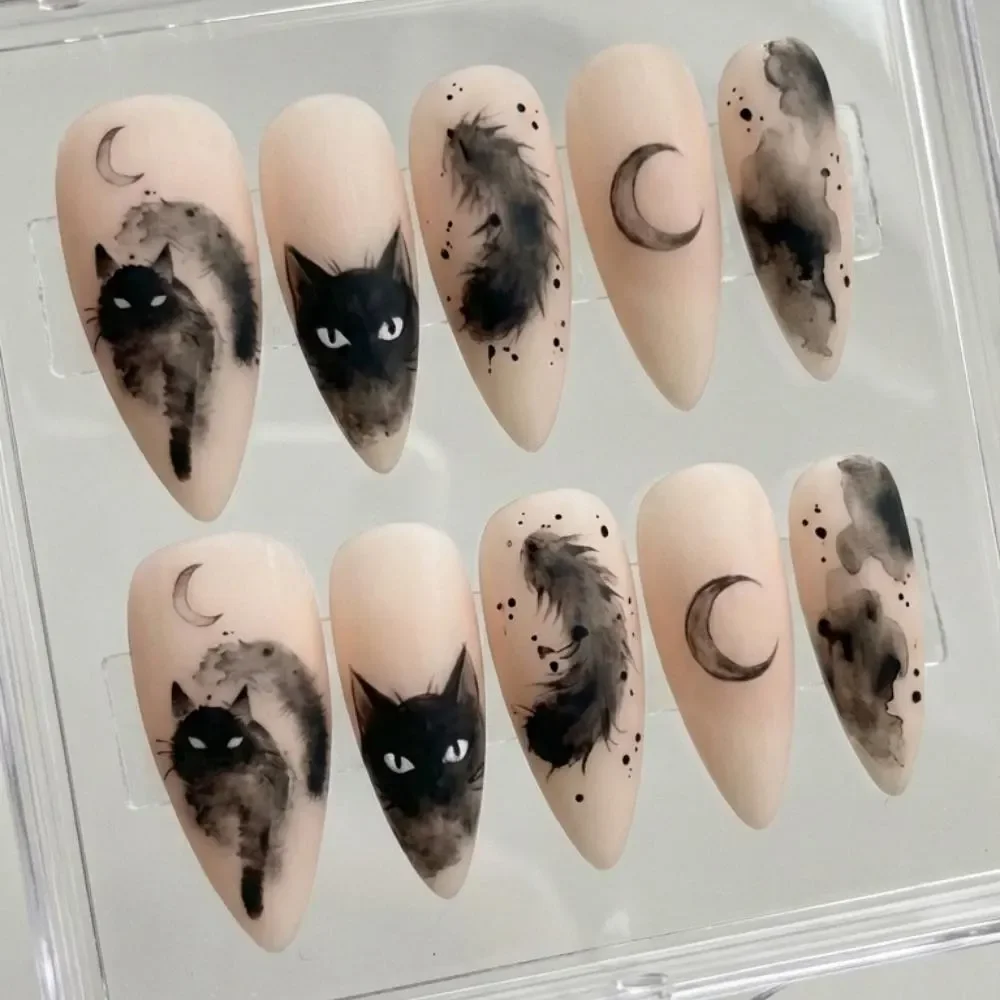 witchy black cat, press on nails, custom press on nails, fake nails, Nails Art, stained glass nails, gold press on nails, 3d press on nails, luxury press on nails, handmade press on nails