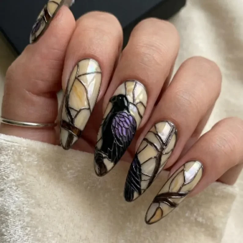 raven press on nails, dark academia nails, press on nails, custom press on nails, fake nails, Nails Art, stained glass nails, gold press on nails, 3d press on nails, luxury press on nails, handmade press on nails