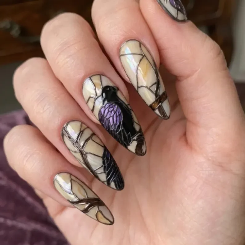 gothic crow nails, witchy nail design, press on nails, custom press on nails, fake nails, Nails Art, stained glass nails, gold press on nails, 3d press on nails, luxury press on nails, handmade press on nails