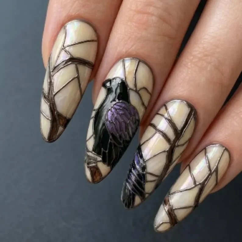 iridescent press ons, crow nail art, press on nails, custom press on nails, fake nails, Nails Art, stained glass nails, gold press on nails, 3d press on nails, luxury press on nails, handmade press on nails