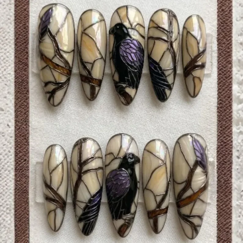 dark gothic nails, witchy iridescent nails, press on nails, custom press on nails, fake nails, Nails Art, stained glass nails, gold press on nails, 3d press on nails, luxury press on nails, handmade press on nails
