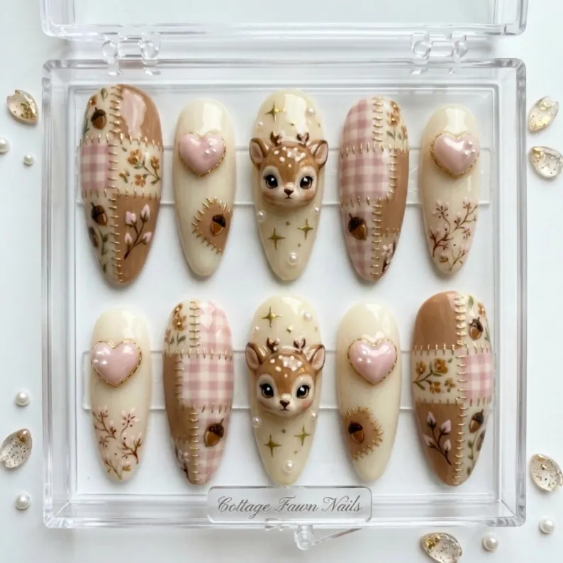 woodland fawn patchwork, 3D hand-painted nails, press on nails, custom press on nails, fake nails, Nails Art, stained glass nails, gold press on nails, 3d press on nails, luxury press on nails, handmade press on nails