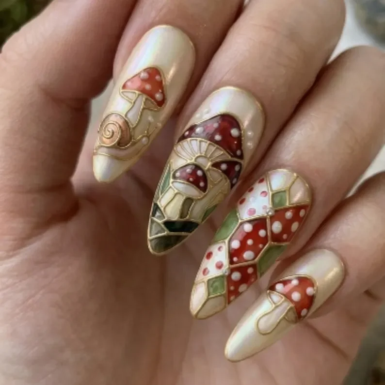 mushroom nail design, snail nail design, press on nails, custom press on nails, fake nails, Nails Art, stained glass nails, gold press on nails, 3d press on nails, luxury press on nails, handmade press on nails