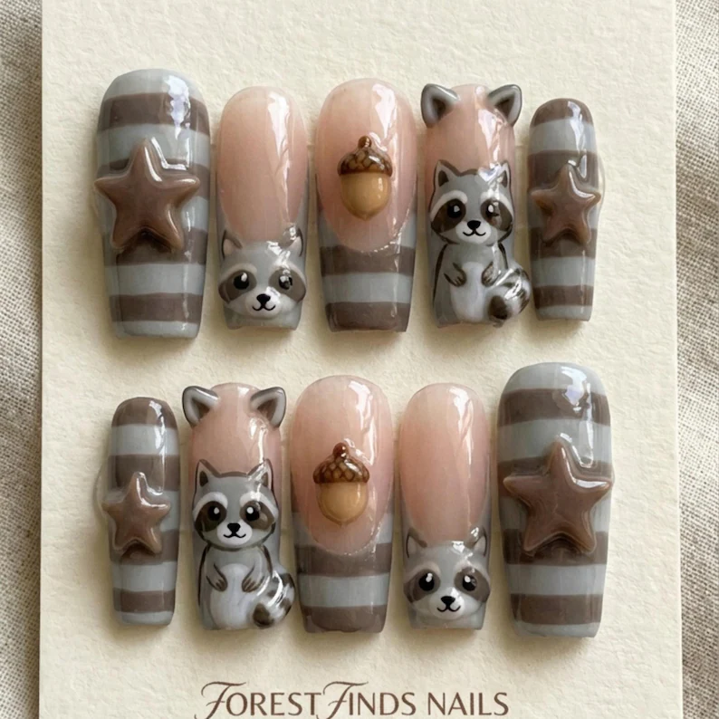 woodland raccoon nails, acorn press on, press on nails, custom press on nails, fake nails, Nails Art, stained glass nails, gold press on nails, 3d press on nails, luxury press on nails, handmade press on nails