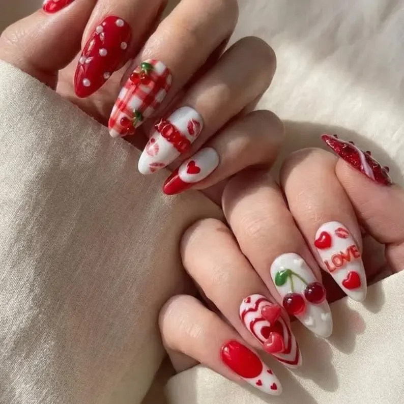 3D nail art, red white nails, press on nails, custom press on nails, fake nails, Nails Art, stained glass nails, gold press on nails, 3d press on nails, luxury press on nails, handmade press on nails