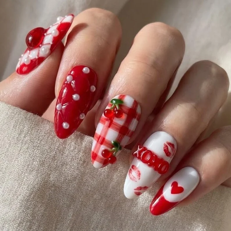 cherry nail design, lipstick kiss, press on nails, custom press on nails, fake nails, Nails Art, stained glass nails, gold press on nails, 3d press on nails, luxury press on nails, handmade press on nails