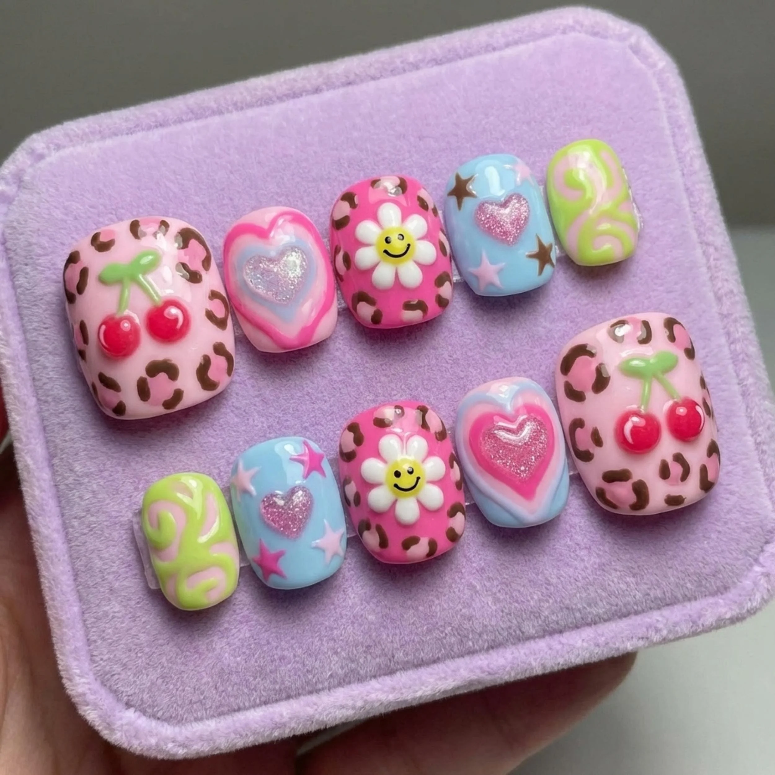 Y2K cherry nails, Smiley flower toe, press on nails, custom press on nails, fake nails, Nails Art, stained glass nails, gold press on nails, 3d press on nails, luxury press on nails, handmade press on nails