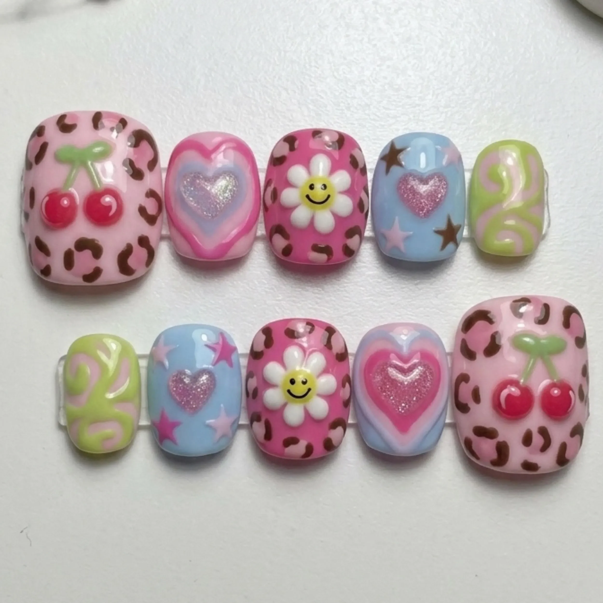 Y2K cherry nails, Smiley flower toe, press on nails, custom press on nails, fake nails, Nails Art, stained glass nails, gold press on nails, 3d press on nails, luxury press on nails, handmade press on nails
