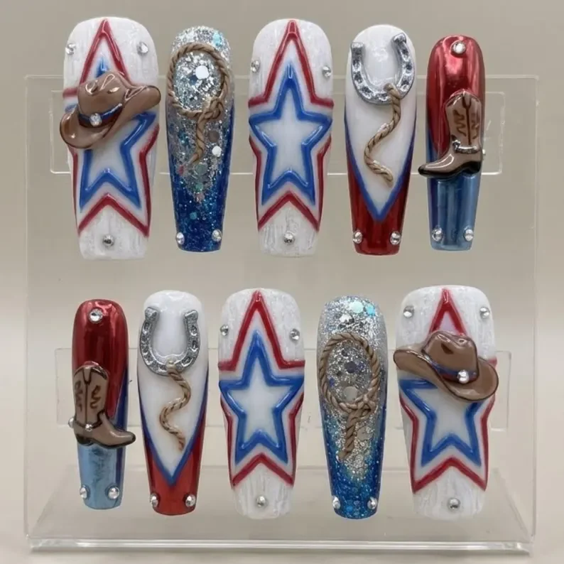 Y2K cowgirl nails, press on nails, custom press on nails, fake nails, Nails Art, stained glass nails, gold press on nails, 3d press on nails, luxury press on nails, handmade press on nails