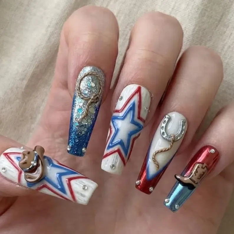 3D western charms, western charm nails, press on nails, custom press on nails, fake nails, Nails Art, stained glass nails, gold press on nails, 3d press on nails, luxury press on nails, handmade press on nails