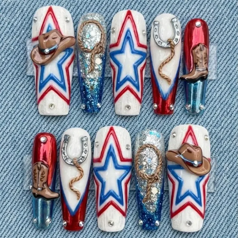 Y2K cowgirl nails, press on nails, custom press on nails, fake nails, Nails Art, stained glass nails, gold press on nails, 3d press on nails, luxury press on nails, handmade press on nails