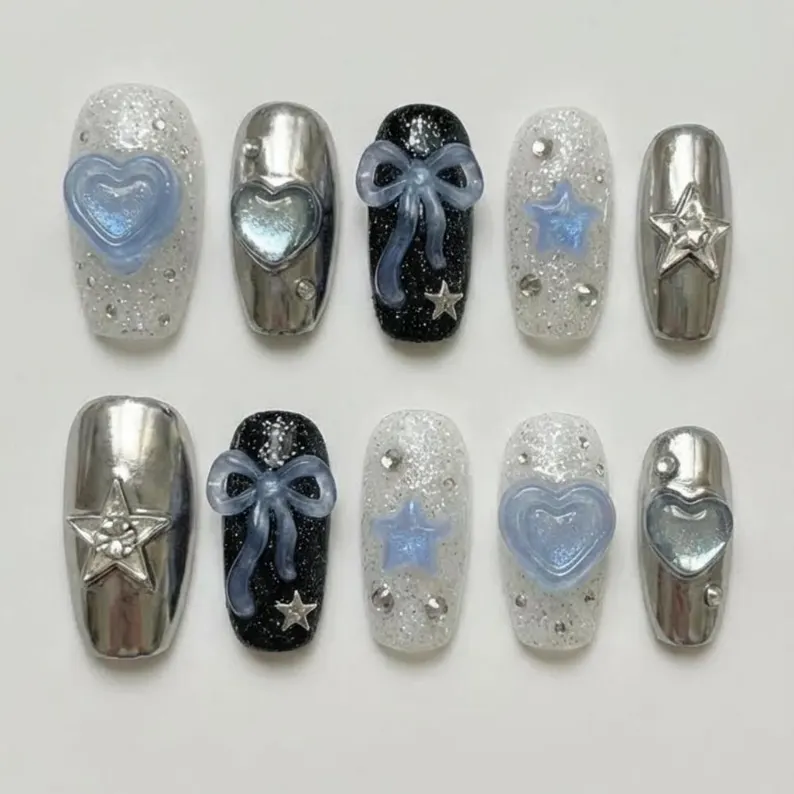 chrome nails, cyber angel nails, press on nails, custom press on nails, fake nails, Nails Art, stained glass nails, gold press on nails, 3d press on nails, luxury press on nails, handmade press on nails