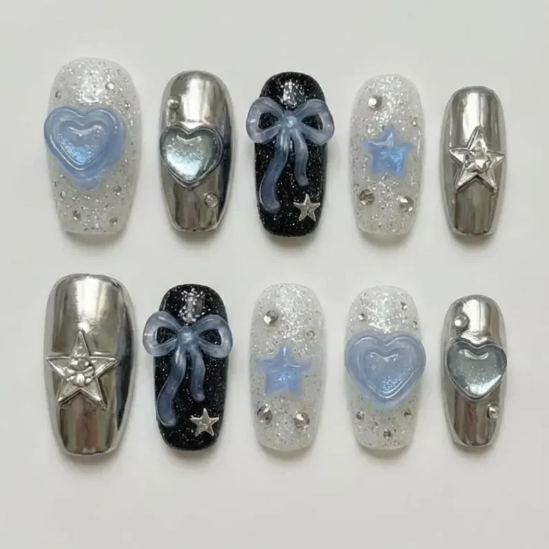 Y2K cyber nails, press on nails, custom press on nails, fake nails, Nails Art, stained glass nails, gold press on nails, 3d press on nails, luxury press on nails, handmade press on nails