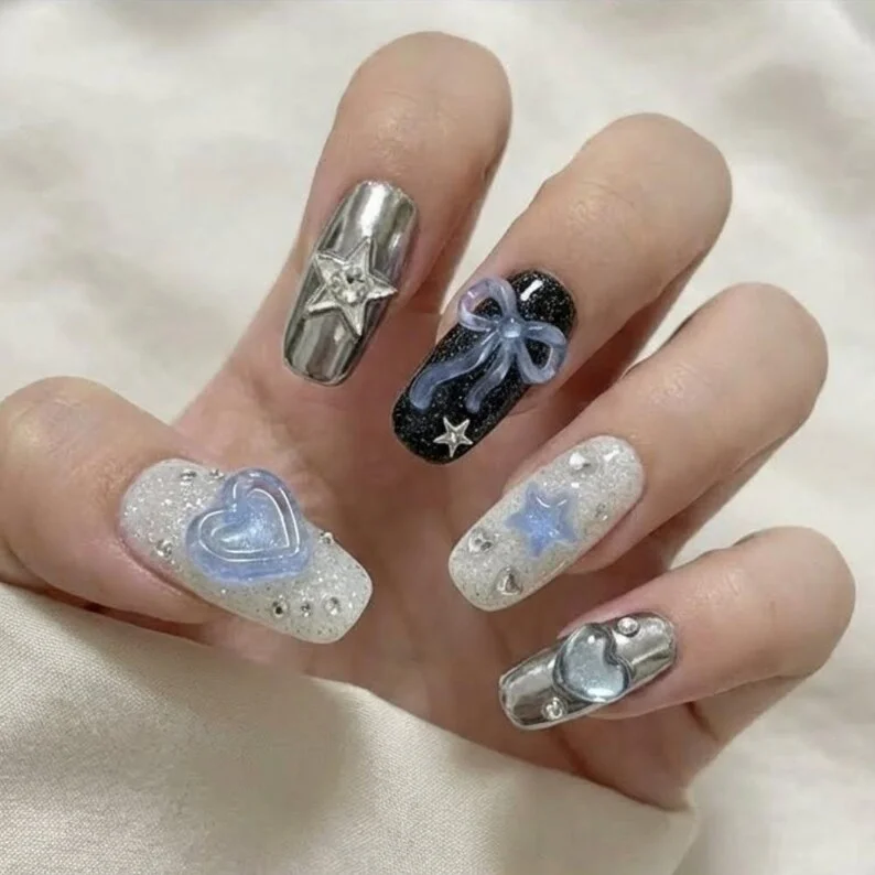 chrome nails, cyber angel nails, press on nails, custom press on nails, fake nails, Nails Art, stained glass nails, gold press on nails, 3d press on nails, luxury press on nails, handmade press on nails