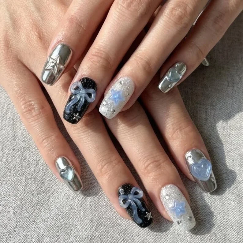 bow nail design, heart nail art, press on nails, custom press on nails, fake nails, Nails Art, stained glass nails, gold press on nails, 3d press on nails, luxury press on nails, handmade press on nails