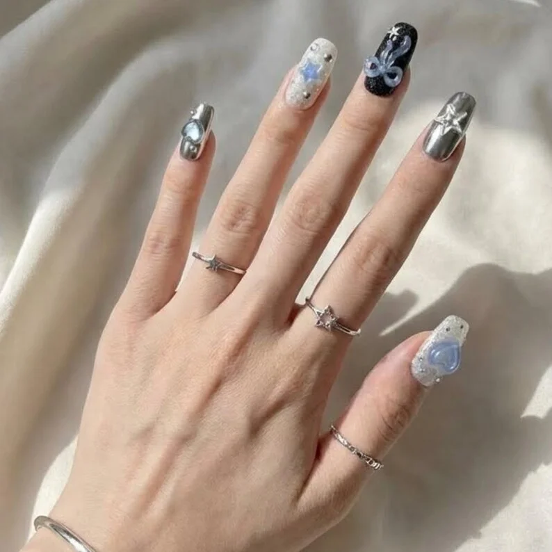 star nail art, holographic nails, press on nails, custom press on nails, fake nails, Nails Art, stained glass nails, gold press on nails, 3d press on nails, luxury press on nails, handmade press on nails