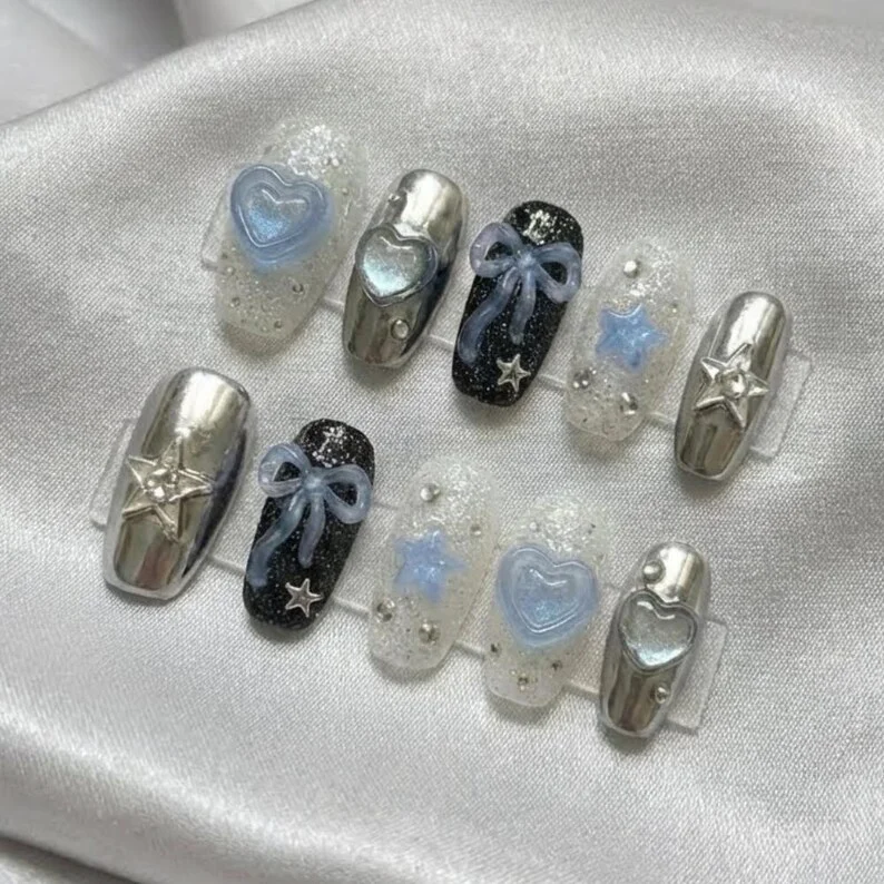 Y2K cyber nails, press on nails, custom press on nails, fake nails, Nails Art, stained glass nails, gold press on nails, 3d press on nails, luxury press on nails, handmade press on nails