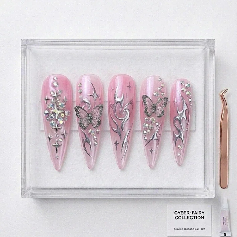 Y2K Cyber Fairy, 3D Press On Nails, press on nails, custom press on nails, fake nails, Nails Art, stained glass nails, gold press on nails, 3d press on nails, luxury press on nails, handmade press on nails