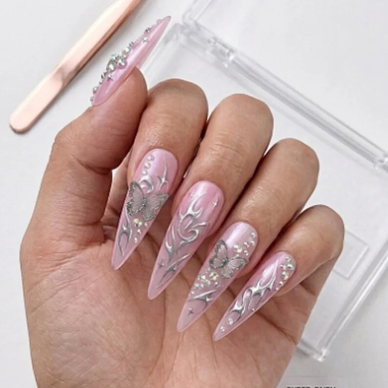 Silver Chrome, Butterfly Nail Art, press on nails, custom press on nails, fake nails, Nails Art, stained glass nails, gold press on nails, 3d press on nails, luxury press on nails, handmade press on nails