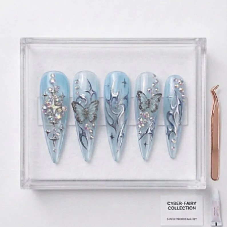 Y2K Cyber Fairy, 3D Press On Nails, press on nails, custom press on nails, fake nails, Nails Art, stained glass nails, gold press on nails, 3d press on nails, luxury press on nails, handmade press on nails