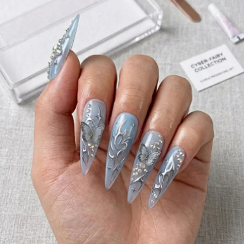 Silver Chrome, Butterfly Nail Art, press on nails, custom press on nails, fake nails, Nails Art, stained glass nails, gold press on nails, 3d press on nails, luxury press on nails, handmade press on nails