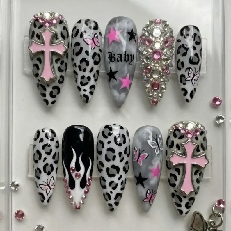 Y2K Cyber Princess, Pink Cross Nails, press on nails, custom press on nails, fake nails, Nails Art, stained glass nails, gold press on nails, 3d press on nails, luxury press on nails, handmade press on nails