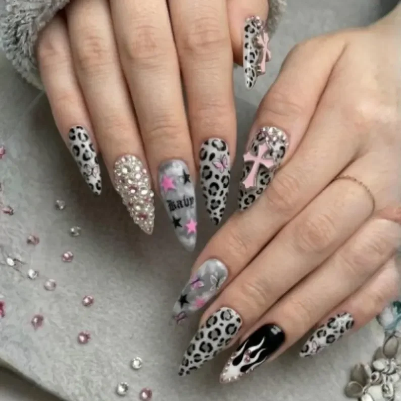 Leopard Print Nail Art, Cross Nail Design, press on nails, custom press on nails, fake nails, Nails Art, stained glass nails, gold press on nails, 3d press on nails, luxury press on nails, handmade press on nails