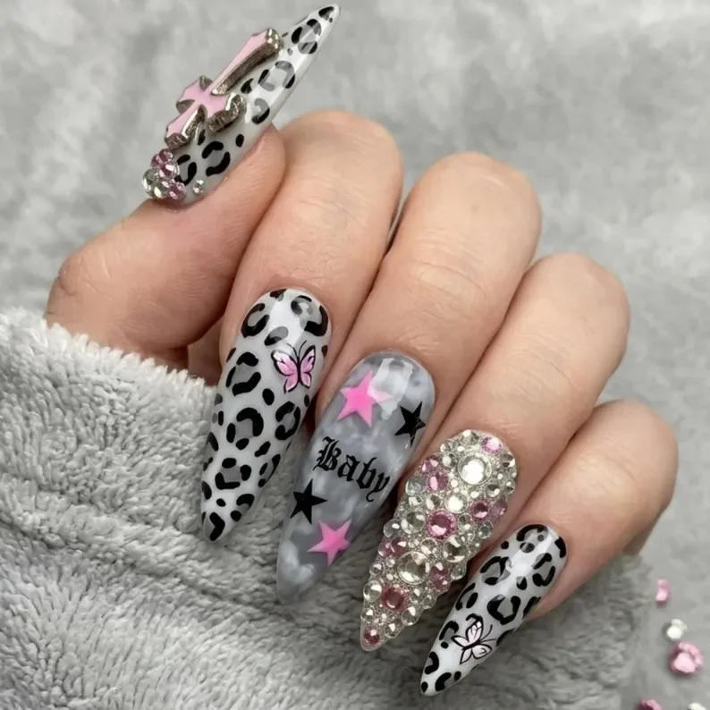 Cyber Princess Nails, Pink Leopard Nails, press on nails, custom press on nails, fake nails, Nails Art, stained glass nails, gold press on nails, 3d press on nails, luxury press on nails, handmade press on nails