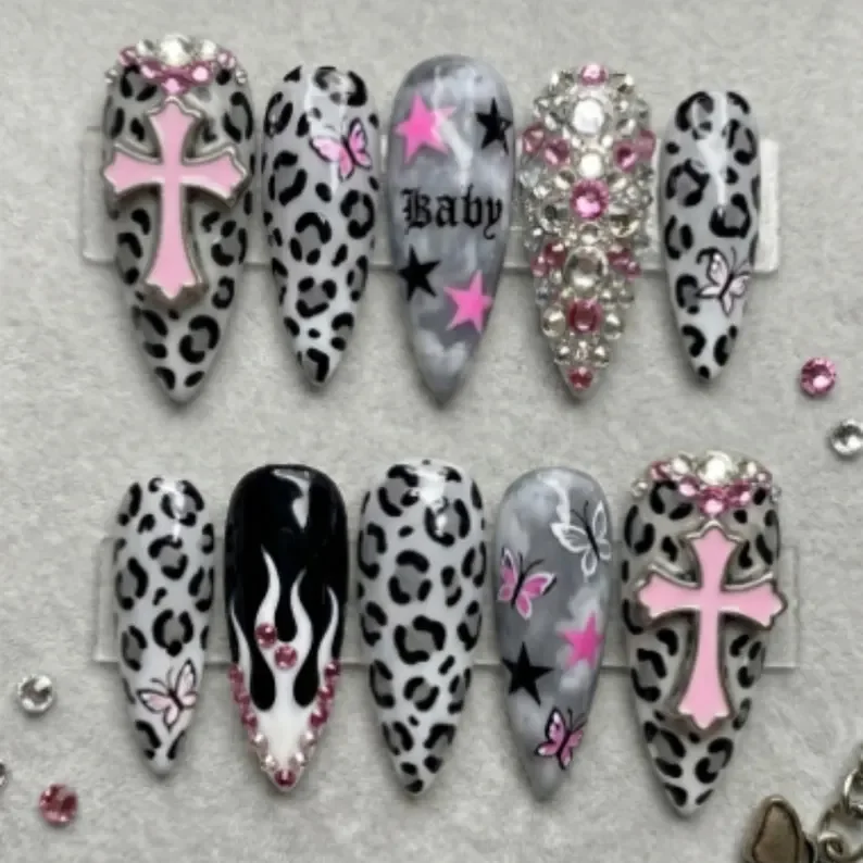 Y2K Cyber Princess, Pink Cross Nails, press on nails, custom press on nails, fake nails, Nails Art, stained glass nails, gold press on nails, 3d press on nails, luxury press on nails, handmade press on nails