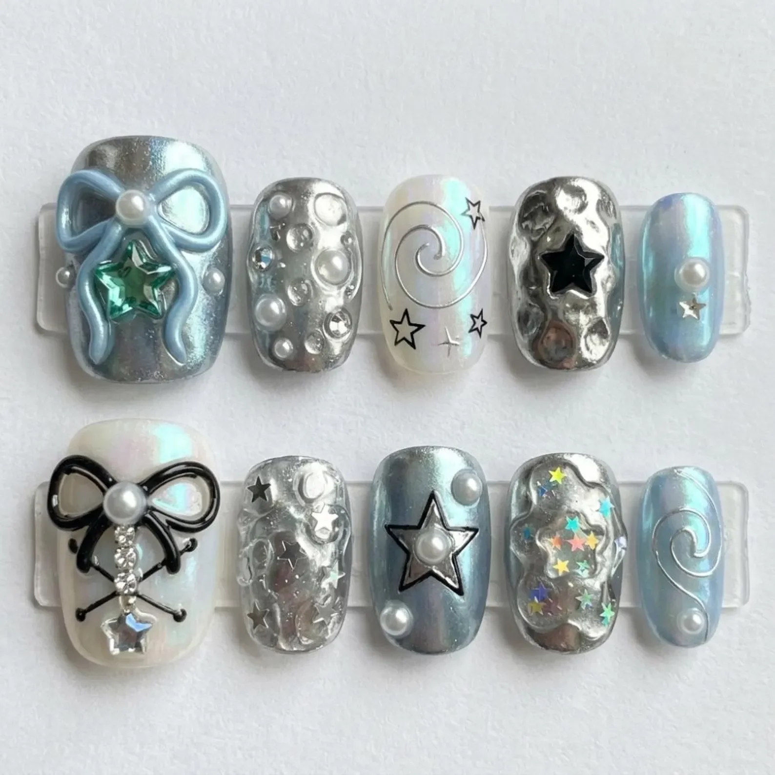 Y2K cybercore nails, silver chrome 3D, press on nails, custom press on nails, fake nails, Nails Art, stained glass nails, gold press on nails, 3d press on nails, luxury press on nails, handmade press on nails