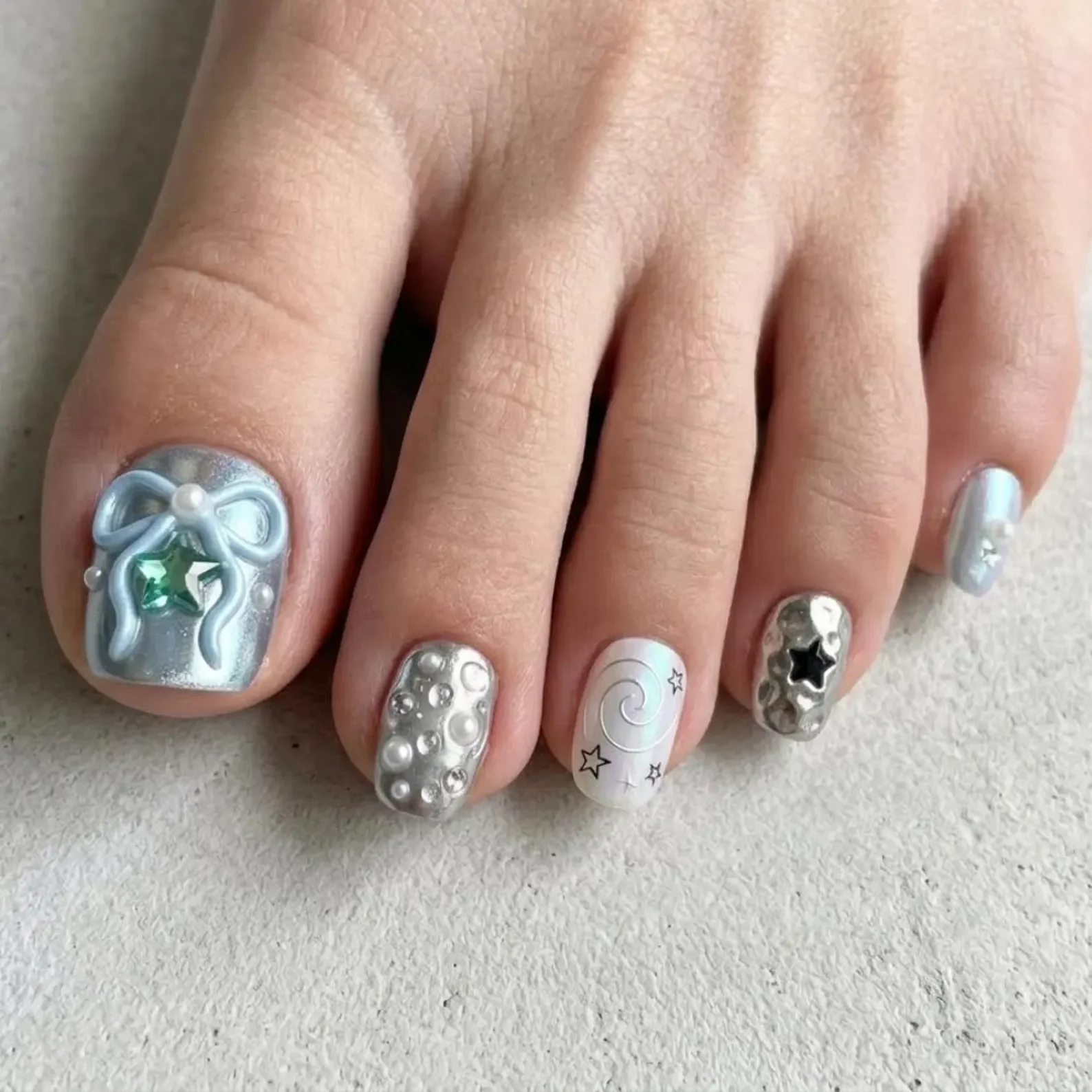 bow star pedicure, galactic iridescent, press on nails, custom press on nails, fake nails, Nails Art, stained glass nails, gold press on nails, 3d press on nails, luxury press on nails, handmade press on nails