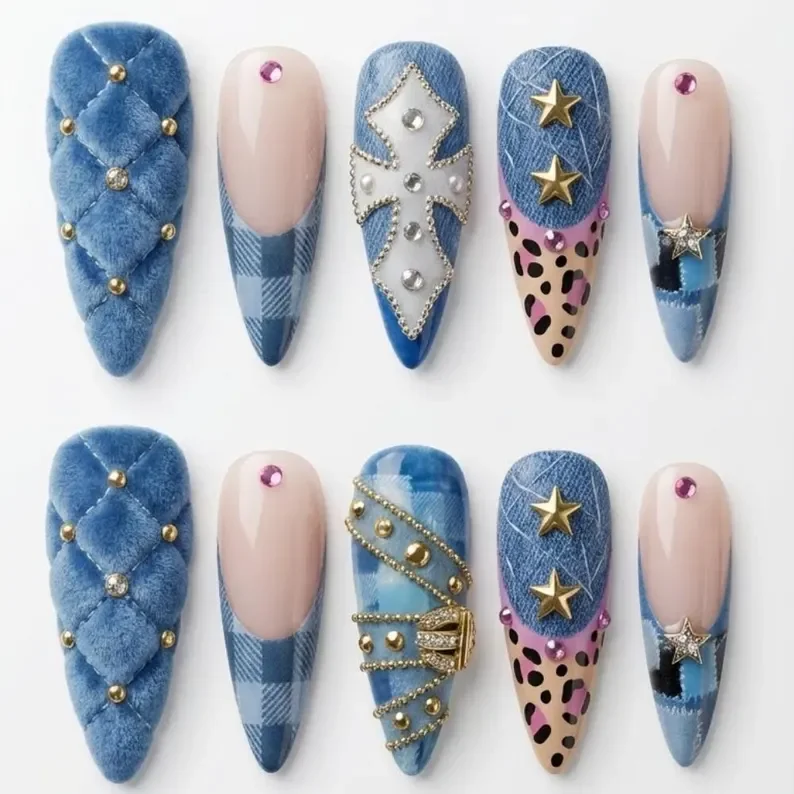 Y2K denim press-on, Rodeo diva nails, press on nails, custom press on nails, fake nails, Nails Art, stained glass nails, gold press on nails, 3d press on nails, luxury press on nails, handmade press on nails