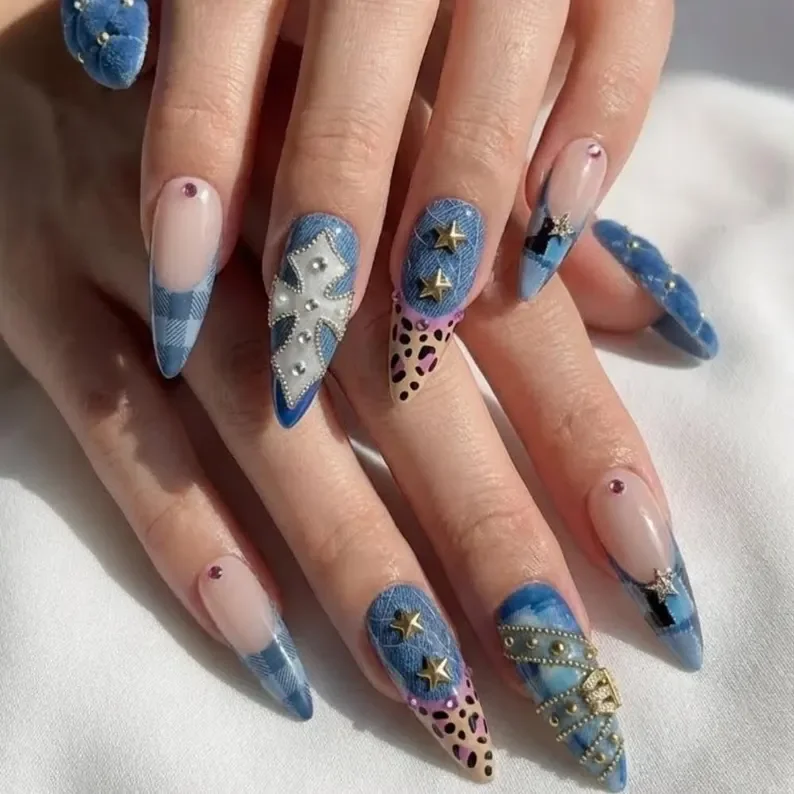 chrome cross design, y2k denim nails, press on nails, custom press on nails, fake nails, Nails Art, stained glass nails, gold press on nails, 3d press on nails, luxury press on nails, handmade press on nails