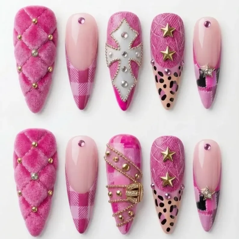 Y2K denim press-on, Rodeo diva nails, press on nails, custom press on nails, fake nails, Nails Art, stained glass nails, gold press on nails, 3d press on nails, luxury press on nails, handmade press on nails