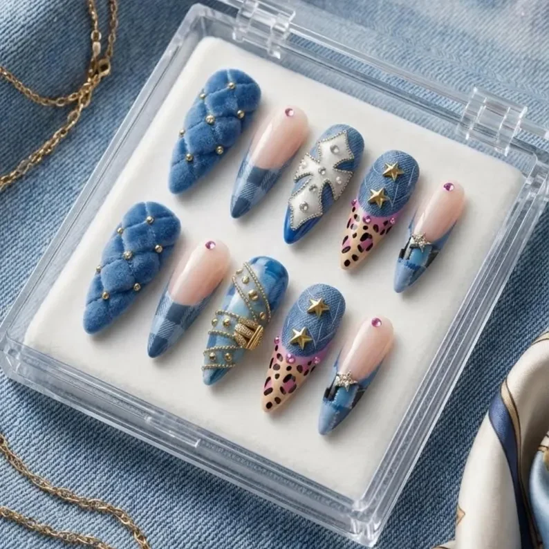 chrome cross design, y2k denim nails, press on nails, custom press on nails, fake nails, Nails Art, stained glass nails, gold press on nails, 3d press on nails, luxury press on nails, handmade press on nails