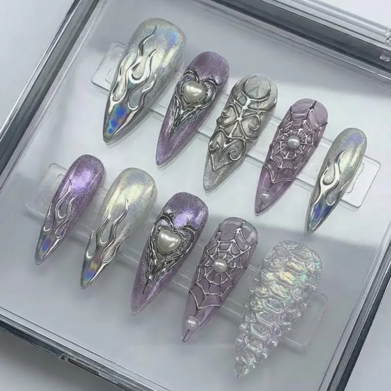 Y2K Gothic, Cyber Sigilism, press on nails, custom press on nails, fake nails, Nails Art, stained glass nails, gold press on nails, 3d press on nails, luxury press on nails, handmade press on nails