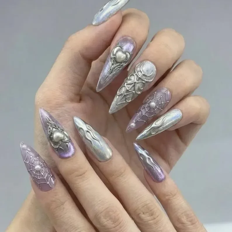 Press On Nails, Silver Chrome, press on nails, custom press on nails, fake nails, Nails Art, stained glass nails, gold press on nails, 3d press on nails, luxury press on nails, handmade press on nails