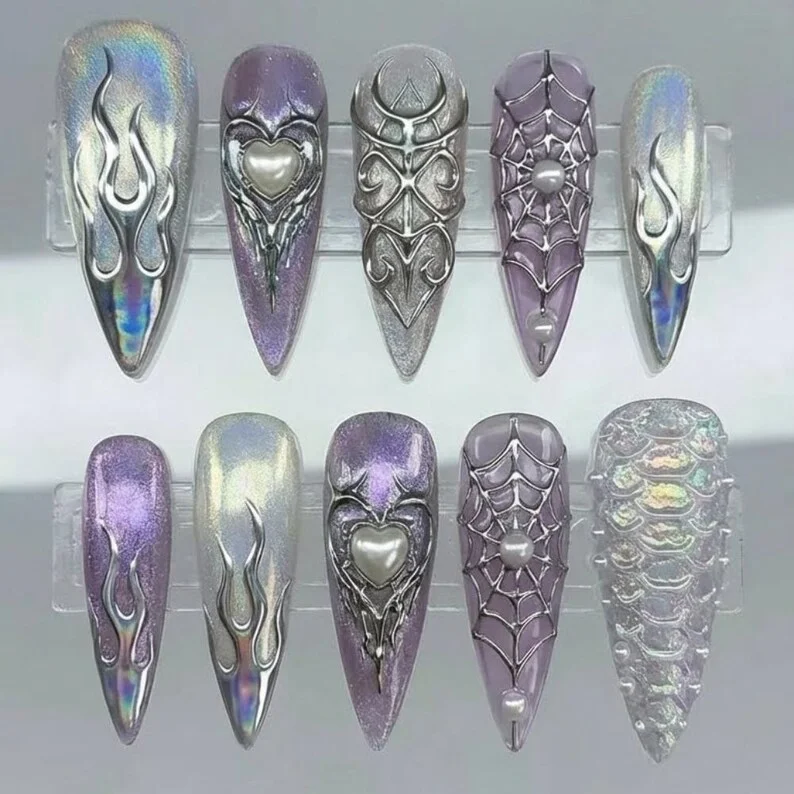 Spiderweb Nails, Gothic Nail Art, press on nails, custom press on nails, fake nails, Nails Art, stained glass nails, gold press on nails, 3d press on nails, luxury press on nails, handmade press on nails