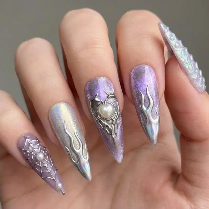 Y2K Gothic, Cyber Sigilism, press on nails, custom press on nails, fake nails, Nails Art, stained glass nails, gold press on nails, 3d press on nails, luxury press on nails, handmade press on nails