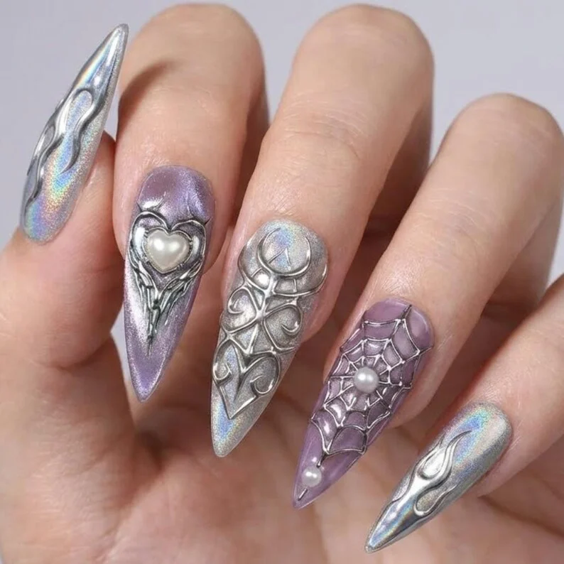 Press On Nails, Silver Chrome, press on nails, custom press on nails, fake nails, Nails Art, stained glass nails, gold press on nails, 3d press on nails, luxury press on nails, handmade press on nails