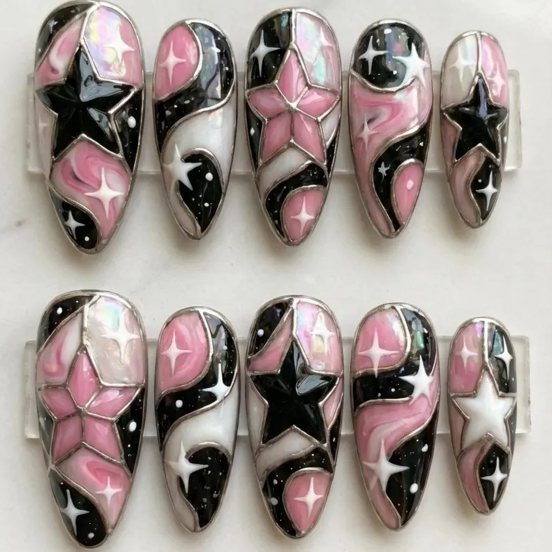 Cyber pink nails, Black nail art, press on nails, custom press on nails, fake nails, Nails Art, stained glass nails, gold press on nails, 3d press on nails, luxury press on nails, handmade press on nails