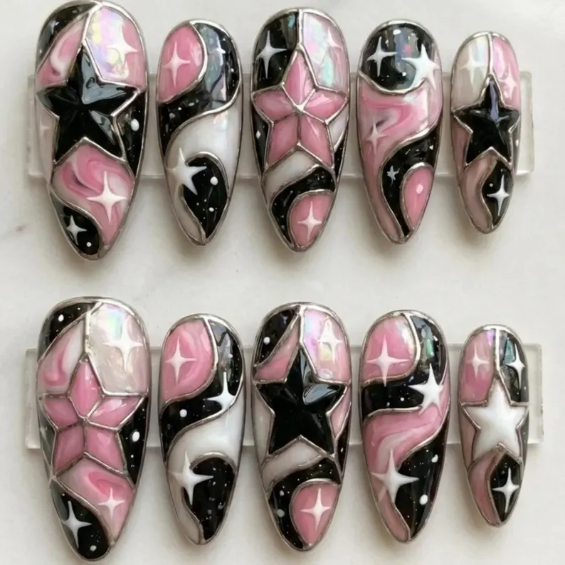 Y2K press on nails, Stained glass nails, press on nails, custom press on nails, fake nails, Nails Art, stained glass nails, gold press on nails, 3d press on nails, luxury press on nails, handmade press on nails
