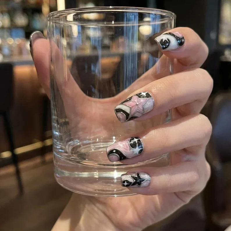Cyber pink nails, Black nail art, press on nails, custom press on nails, fake nails, Nails Art, stained glass nails, gold press on nails, 3d press on nails, luxury press on nails, handmade press on nails