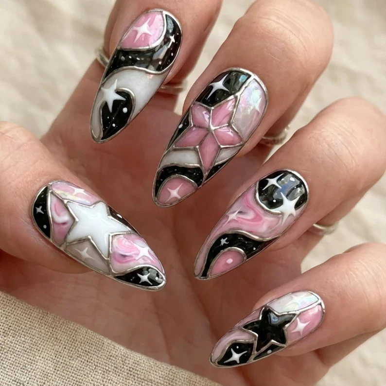 Glass effect nails, Pink and black nails, press on nails, custom press on nails, fake nails, Nails Art, stained glass nails, gold press on nails, 3d press on nails, luxury press on nails, handmade press on nails