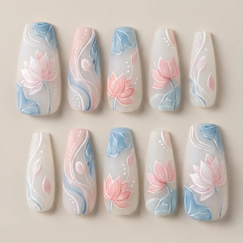 zen blossom nails, lotus press on, press on nails, custom press on nails, fake nails, Nails Art, stained glass nails, gold press on nails, 3d press on nails, luxury press on nails, handmade press on nails