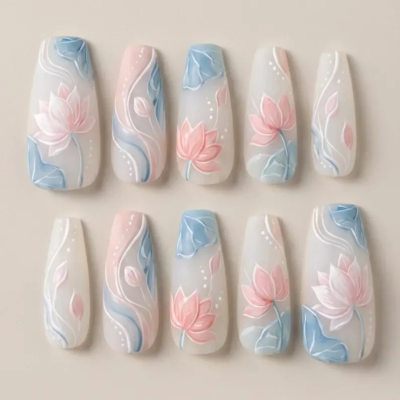 zen blossom nails, lotus press on, press on nails, custom press on nails, fake nails, Nails Art, stained glass nails, gold press on nails, 3d press on nails, luxury press on nails, handmade press on nails