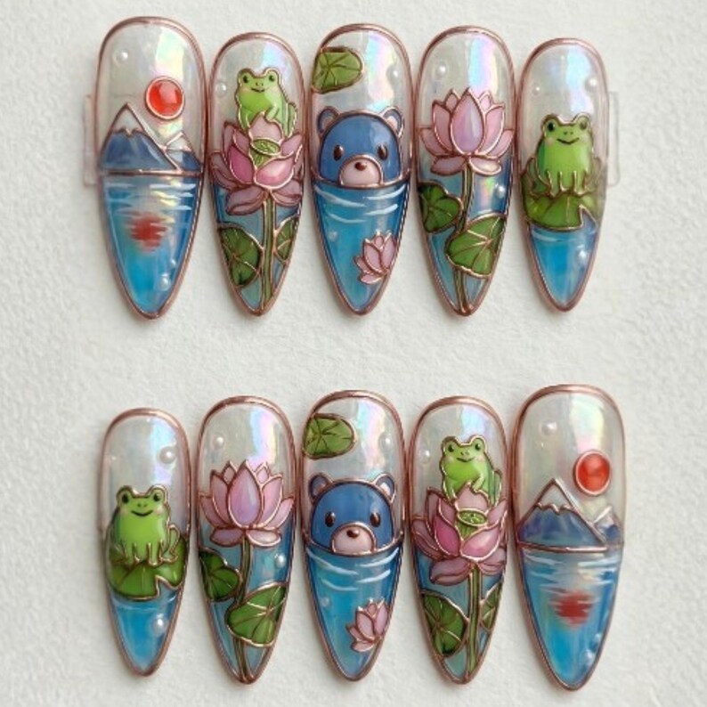 hand painted nails, kawaii frog nails, press on nails, custom press on nails, fake nails, Nails Art, stained glass nails, gold press on nails, 3d press on nails, luxury press on nails, handmade press on nails