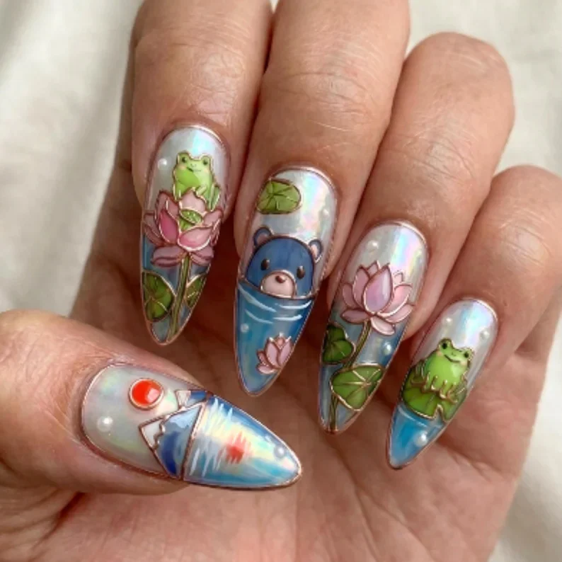 hand painted nails, kawaii frog nails, press on nails, custom press on nails, fake nails, Nails Art, stained glass nails, gold press on nails, 3d press on nails, luxury press on nails, handmade press on nails